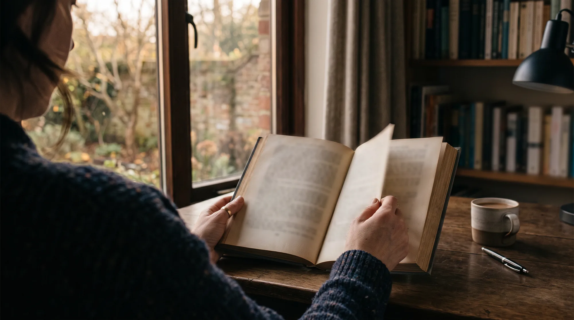 A person reading an open book at a desk by a window. Plain-language research on private markets from NWX Invest.