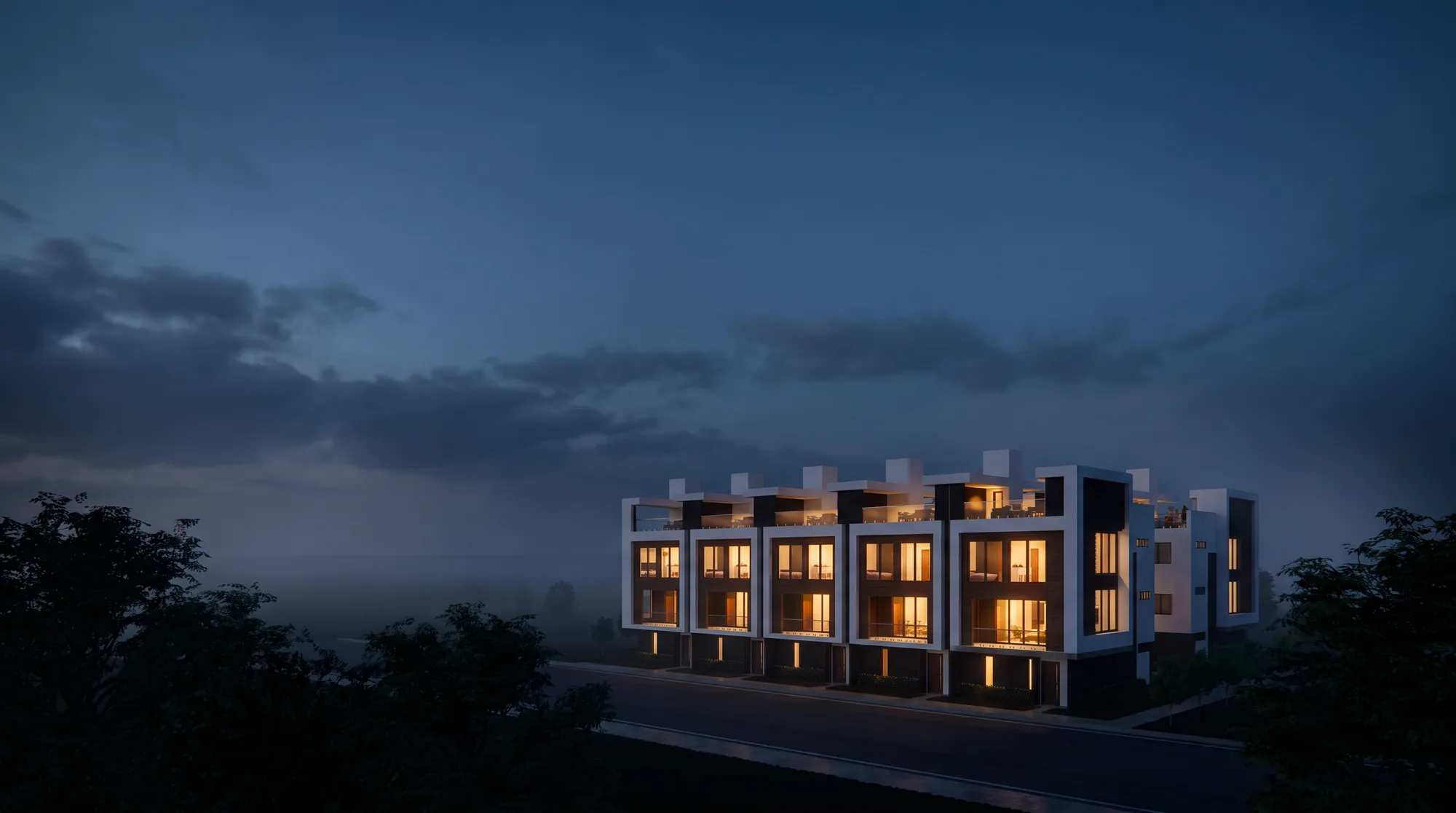 Conceptual rendering of the planned Lamon Residence townhome development at dusk.