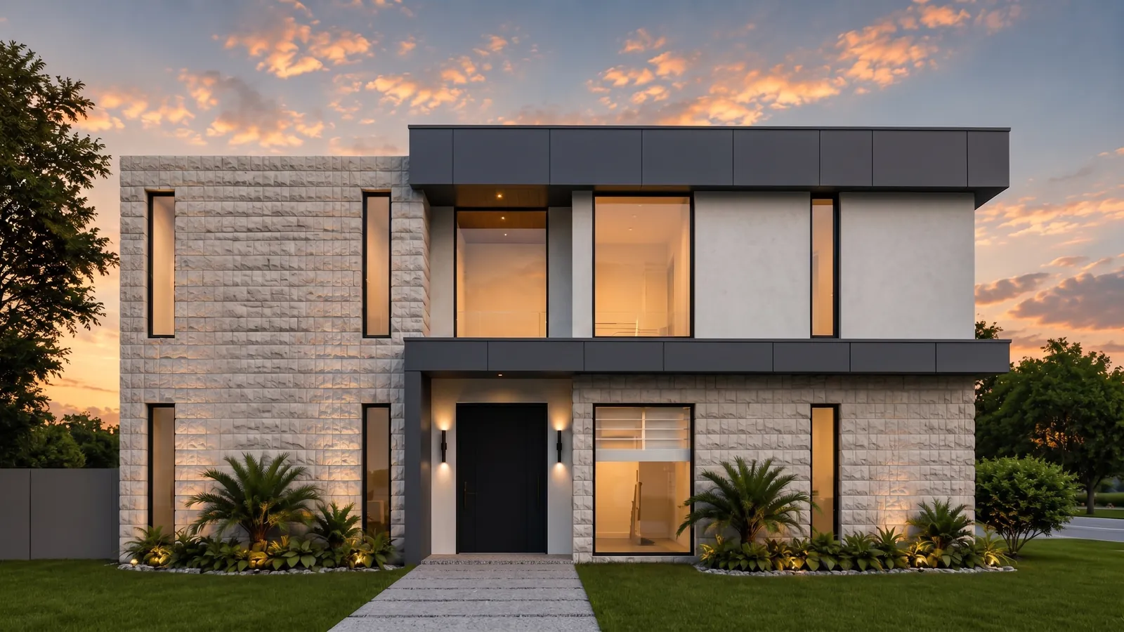 Conceptual rendering of a contemporary two-storey residence at dusk