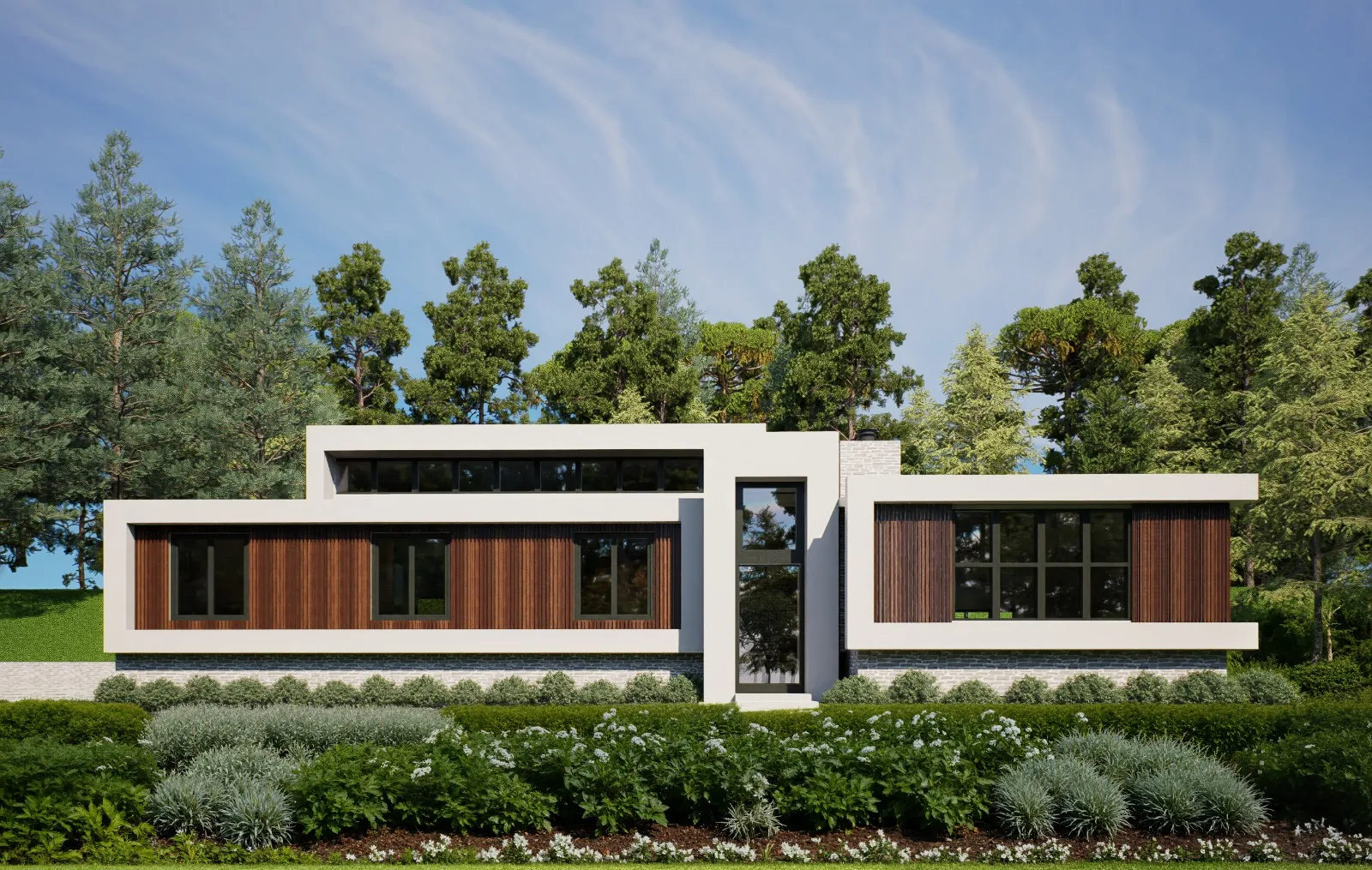 Conceptual rendering of a single-storey house in a wooded setting
