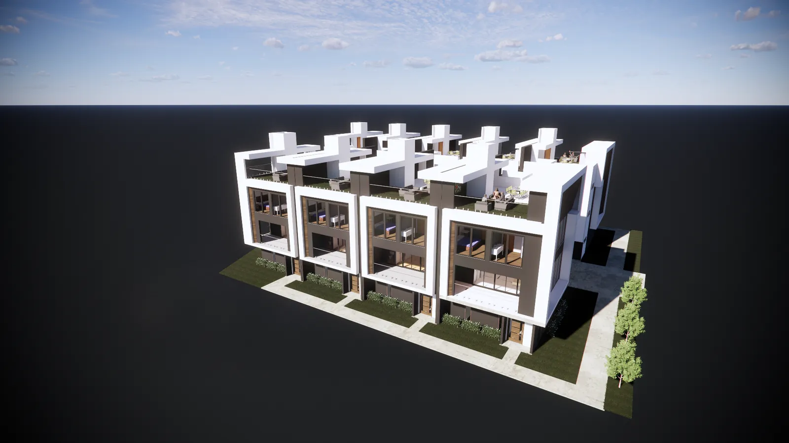 Conceptual rendering of a row of townhomes, shown as a massing model
